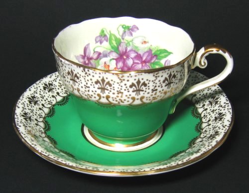 Aysnley Gilt Green Teacup and Saucer