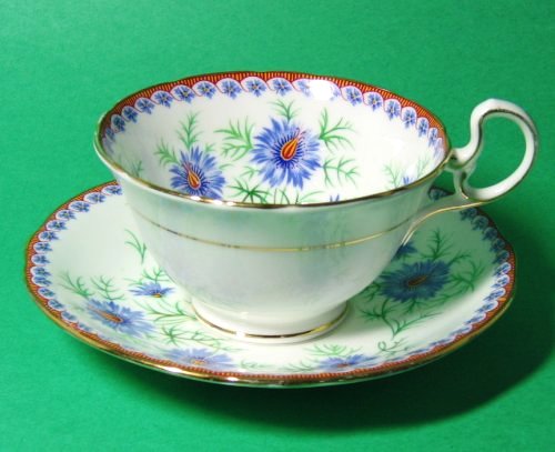 Vintage Aynsley Folk Art Deco Blue Floral Tea Cup and Saucer