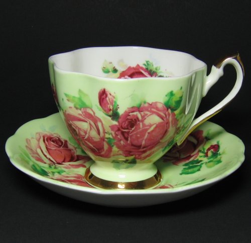 Queen Anne Pink Roses on Green Tea Cup and Saucer