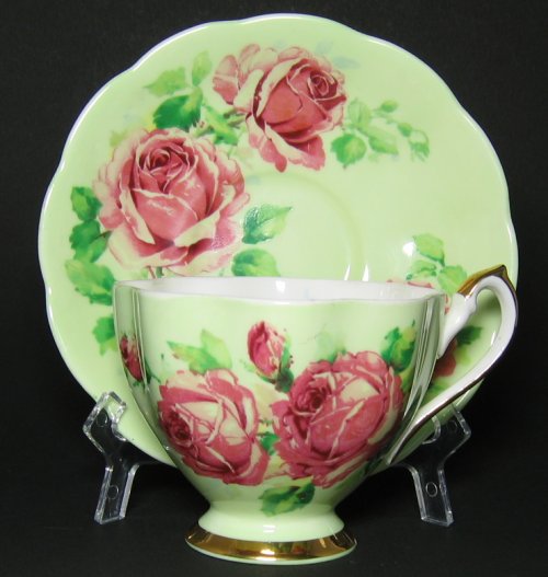 Vintage Queen Anne Pink Roses on Green Tea Cup and Saucer