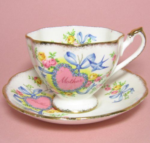 Queen Anne Blue Bird Mother Heart Tea Cup and Saucer