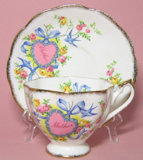 Vintage Queen Anne Blue Bird Mother Heart Tea Cup and Saucer