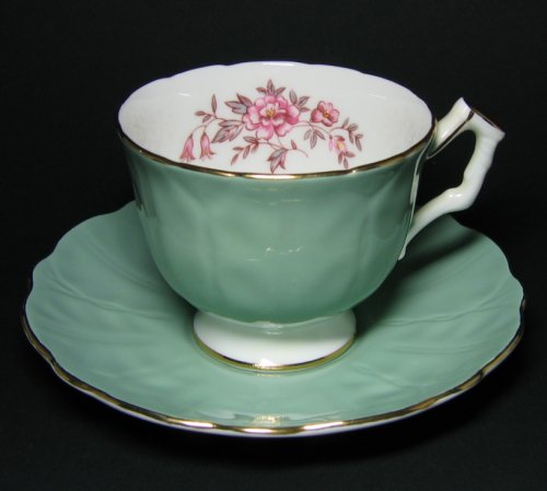 Aynsley Jade Green Pink Floral Tea Cup and Saucer