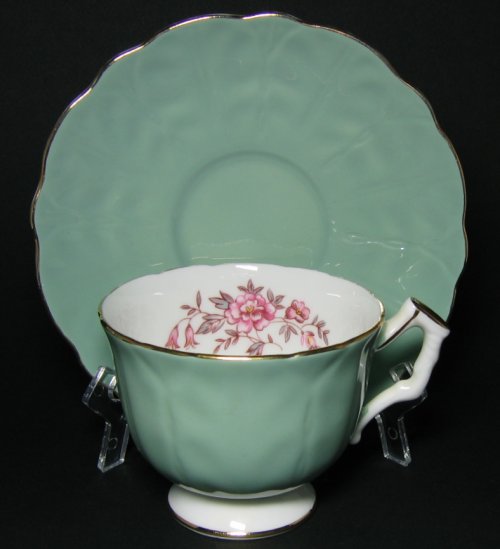 Vintage Aynsley Jade Green Pink Floral Tea Cup and Saucer