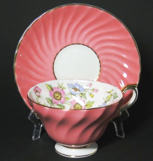 Aynsley Pink Swirl Ribbed Tea Cup and Saucer