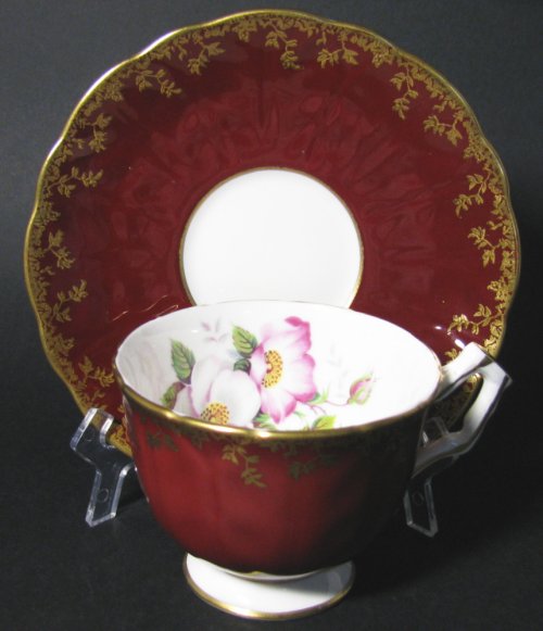 Vintage Aynsley Wine Burgundy Gilt Wild Rose Teacup and Saucer