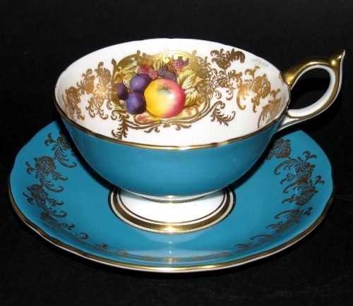 Aynsley Blue Orchard Gilt Teacup and Saucer