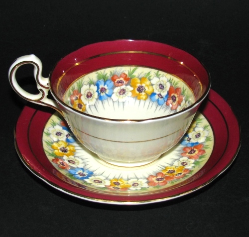 Aynsley Floral Red Border Teacup and Saucer