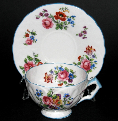 Aynsley Blue Trim Floral Teacup and Saucer