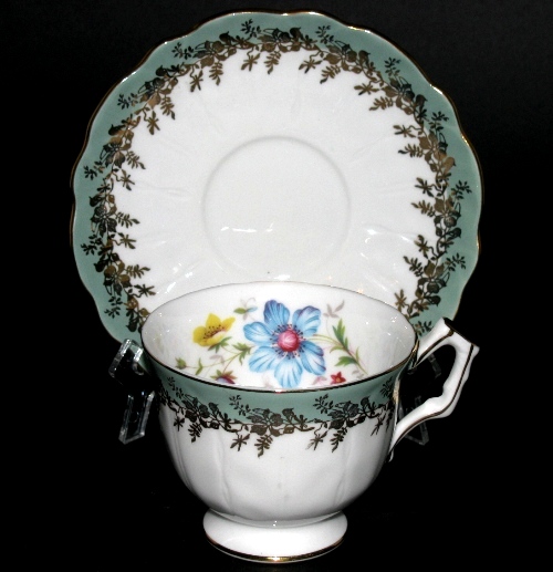 Aynsley Green Trim Floral Teacup and Saucer