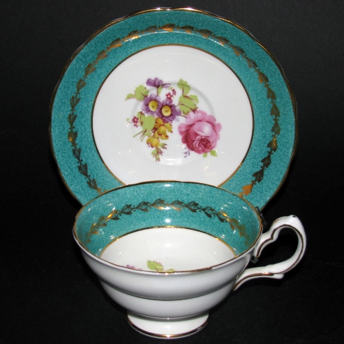 Grosvenor Red Rose Green Trim Teacup and Saucer