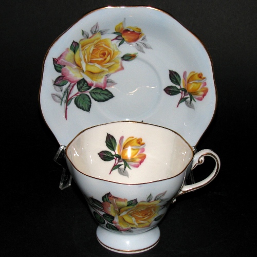 oley Yellow Roses Blue Teacup and Saucer