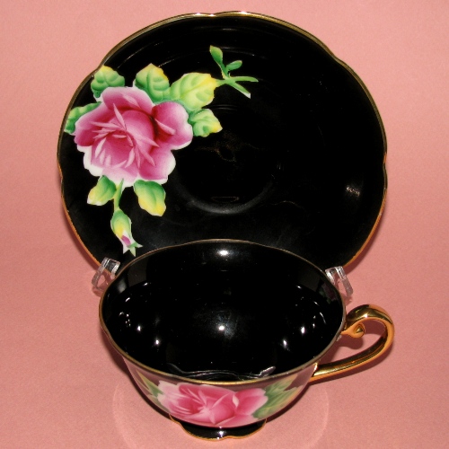 Occupied Japan Black Floral Teacup and Saucer