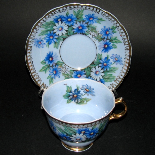 Japan Castle Gilt Blue Floral Teacup and Saucer