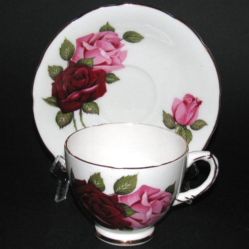 Delphine Red Pink Roses Teacup and Saucer