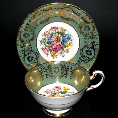 Paragon Green Gilt Floral Teacup and Saucer