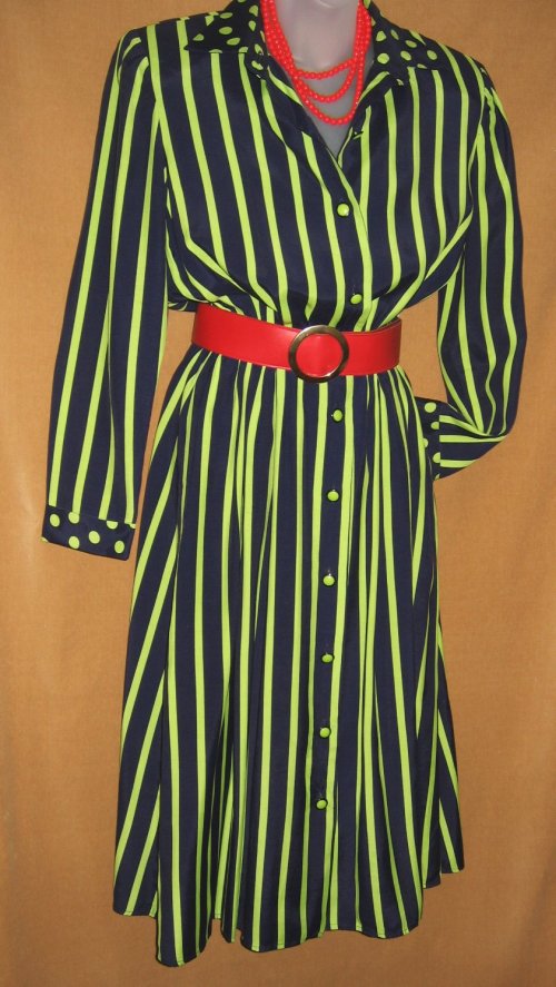 Vintage Leslie Fay Striped Polka Dot Shirt Dress