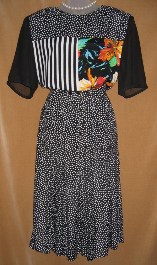 Joseph Ribkoff Sheer Black Polka Dot  Dress Floral Panel