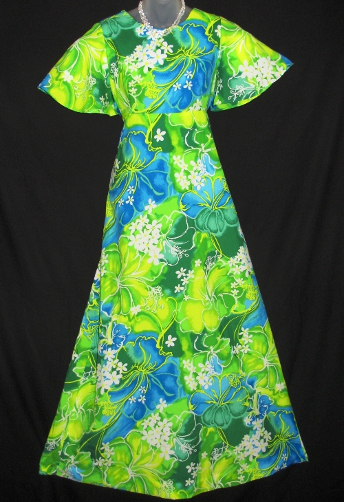 Hukilau Blue Green Empire Floral Hawaiian Dress