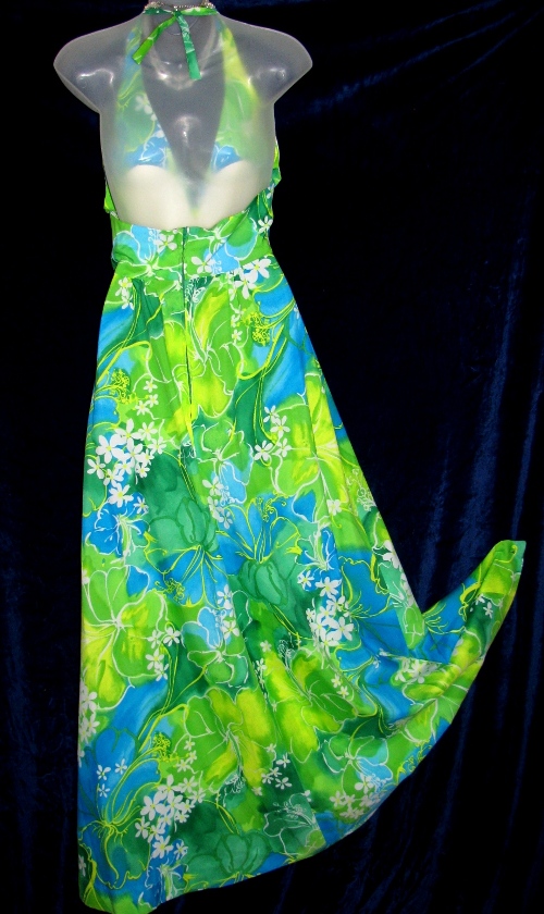 Hukilau Wide Sweep Halter Floral Hawaiian Dress Back View