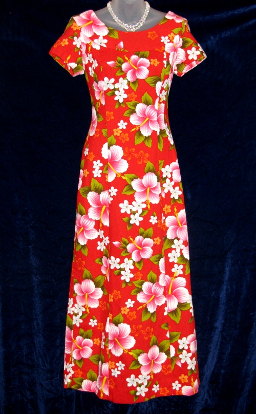 Ui-Maikai Holomuu Hawaiian Maxi Train Dress Hibiscus