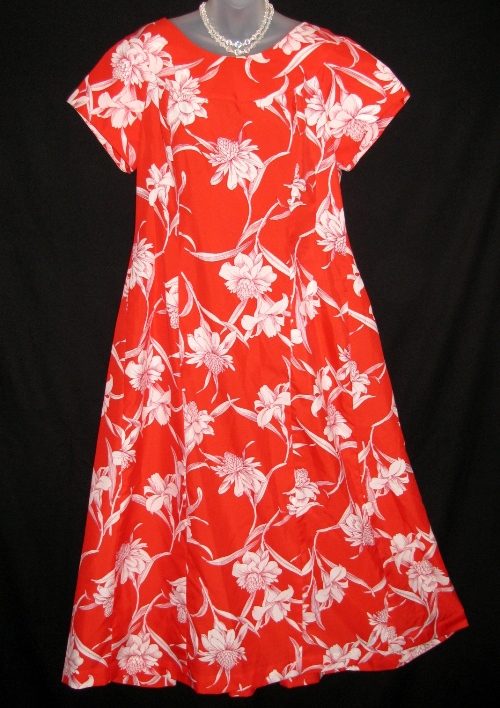 Tropical White Floral on Red Vintage Hawaiian Dress