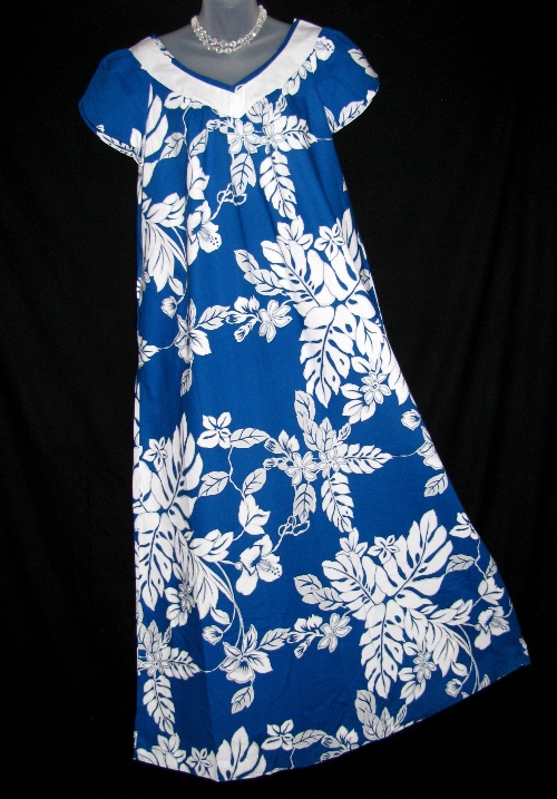 Hilo Hattie Blue White Tropical Floral Hawaiian Dress
