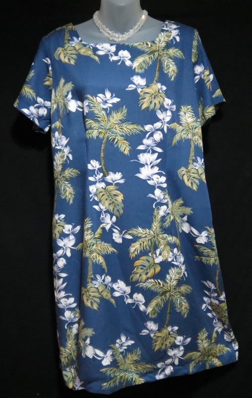 Hilo Hattie Blue Palm Trees Orchids Vintage Hawaiian Dress
