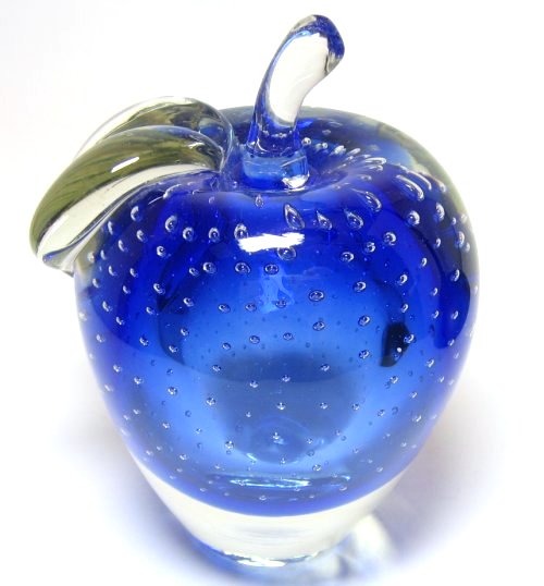 Controlled Bubble Blue Sommerso Apple Paperweight