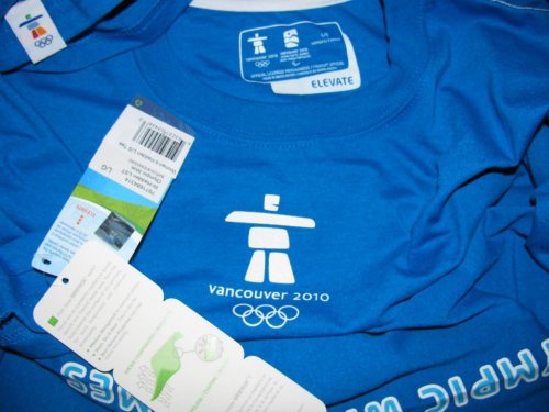 Inukshuk and Olympic Logo on Blue Shirt