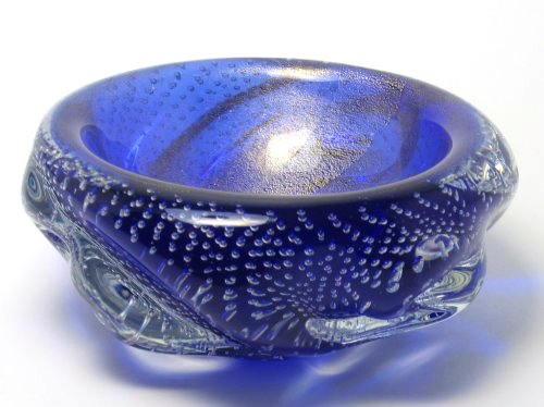 Murano Gold Flecks Controlled Cobalt Blue Bubble Bowl