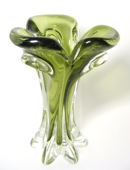 Olive Green Sommerso Art Glass Vintage Vase
