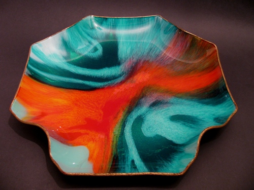 Unmarked Seetusee Green Metallic Orange Nebula Dish