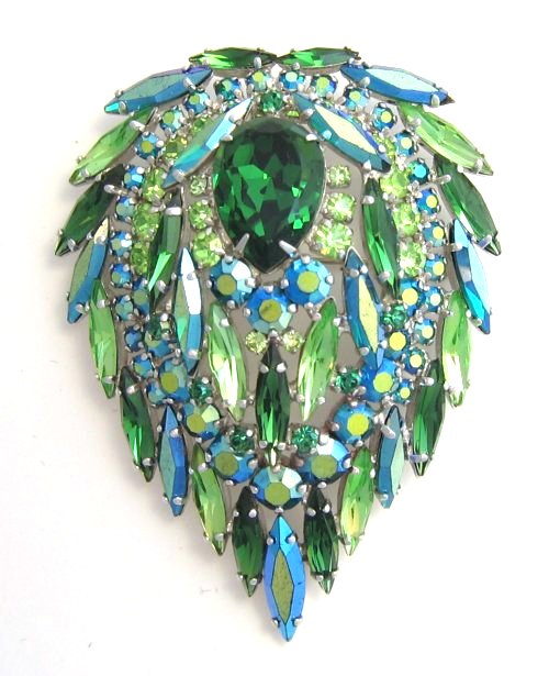 Vintage Blue Green Rhinestone Brooch