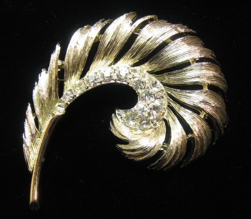Signed Lisner Feather Brooch with Rhinestones