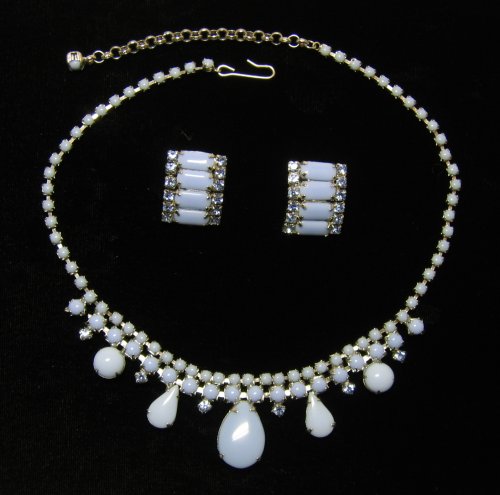 Vintage Blue Milkglass Rhinestone Necklace and Earring Set