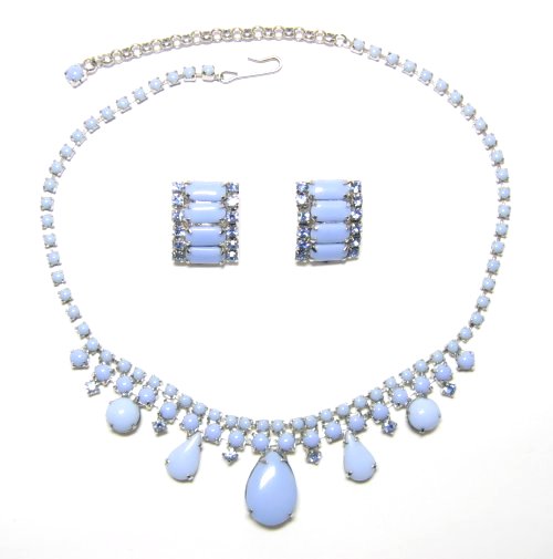 Blue Milkglass Rhinestone Necklace Set
