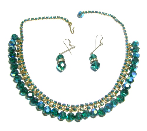 Green Crystal Rhinestone Necklace and Earrings