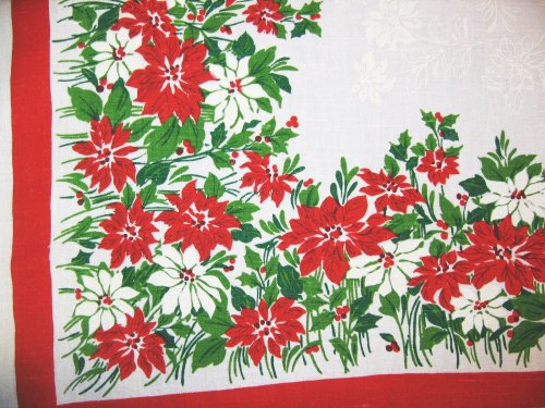 Poinsettia and Holly on Vintage Tablelcoth