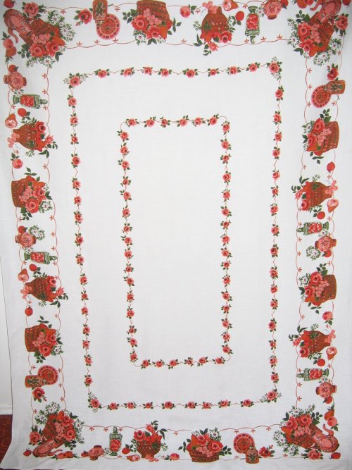 intage Banquet Tablecloth Red Hued Flowers