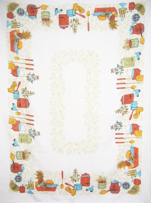 Vintage Linen Tablecloth Kitchen Spices Crocks