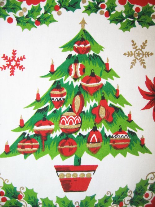 Christmas Tree on Vintage Tablecloth