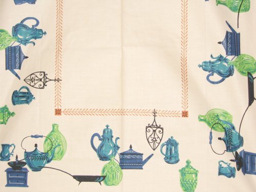 Vintage Eames Era Style Tablecloth Kitchen Ware Cool Blues