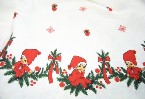 Vintage Elves on Tablecloth