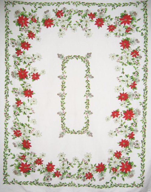 Christmas Tablecloth Poinsettia Holly Pine Cones