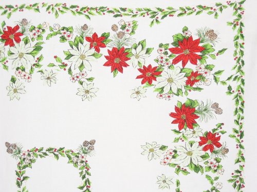 Vintage Christmas Tablecloth Poinsettia Holly Pine Cones