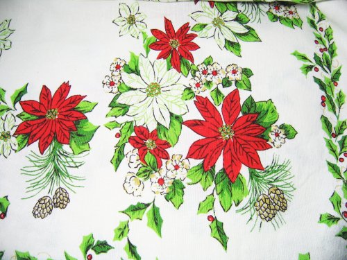 White and Red Pointsettia Vintage Tablecloth