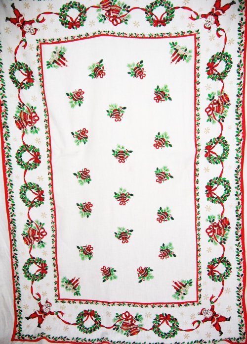 intage Jolly Santa Tablecloth Bells Holly Snowflakes