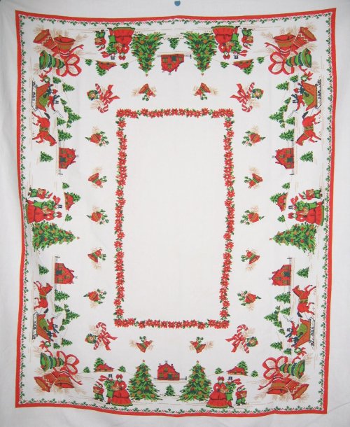 Christmas Tablecloth Faux Needlepoint Carolers Sleigh