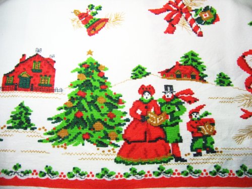 Carolers on Vintage Tablecloth